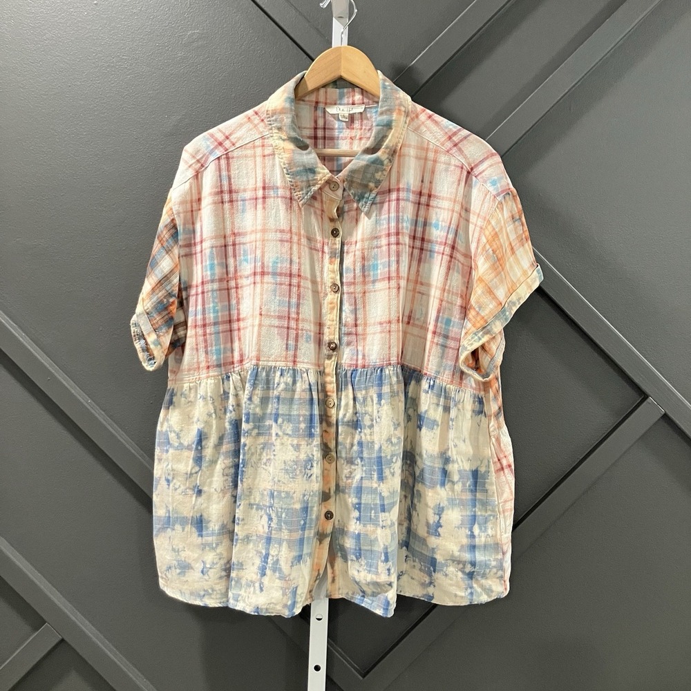 Oli & Hali Plaid Button Front Peplum Blouse Short Sleeve Womens Size Large